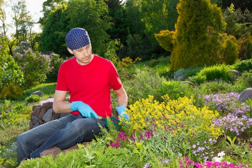 Staff member assisting a visitor at a garden information point